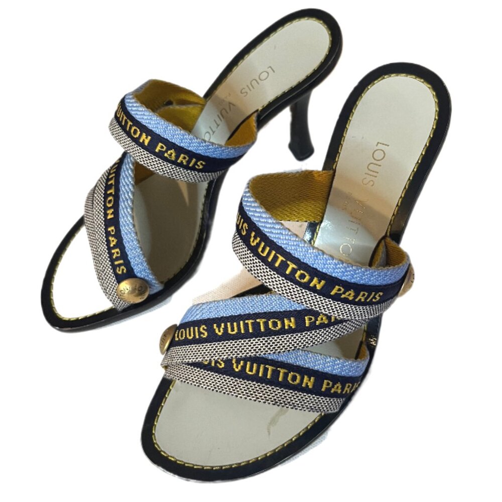 Louis Vuitton Paris Blue Canvas 3.5" Heeled Sandals Metal Logo Size 35/US size 5 - Picture 7 of 13